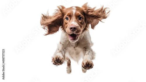 A happy and smiling jumping dog in the air on a transparent background