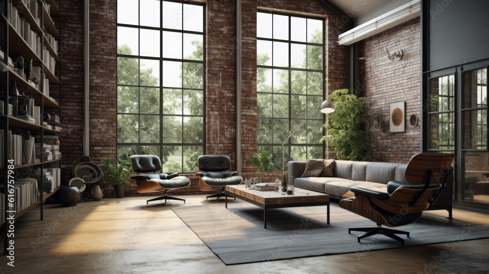 Conceptual Illustration of an Industrial Brick and Wood Living Room Interior Design. Loft Apartment in New York Style, Modern and Minimalistic. Generative AI. Conceptual Illustration of an Industrial Brick and Wood Living Room Interior Design. Loft Apartment in New York Style, Modern and Minimalistic. Generative AI.