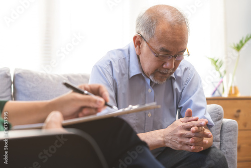 Psychology, depression people. Elderly asian patient man, male consult with psychologist, psychiatrist. Older doctor woman consulting, counseling mental health at clinic. Encouraging, therapy.