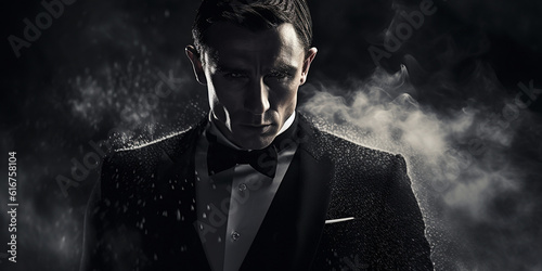 Mann im Smoking Anzug im Stil von James Bond und Nebel im Hintergrund, ai generativ photo