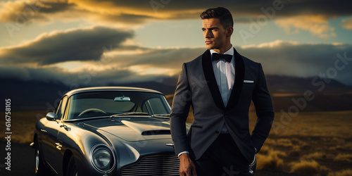 Mann im Smoking Anzug im Stil von James Bond und einem Auto im Hintergrund, ai generativ
