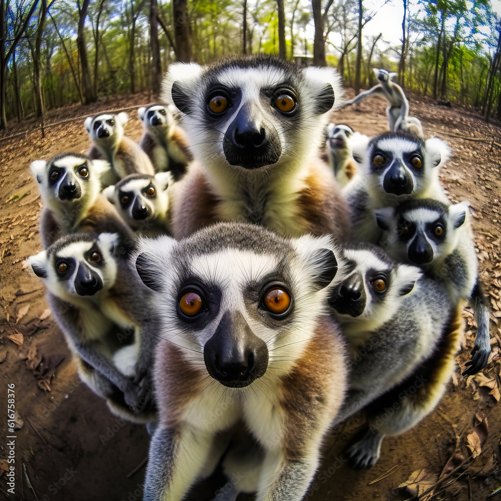 Captivating group selfie of cheerful lemurs from above, offering a delightful and amusing perspective, evoking joyous emotions for any wildlife lover. Generative AI Captivating group selfie of cheerful lemurs from above, offering a delightful and amusing perspective, evoking joyous emotions for any wildlife lover. Generative AI
