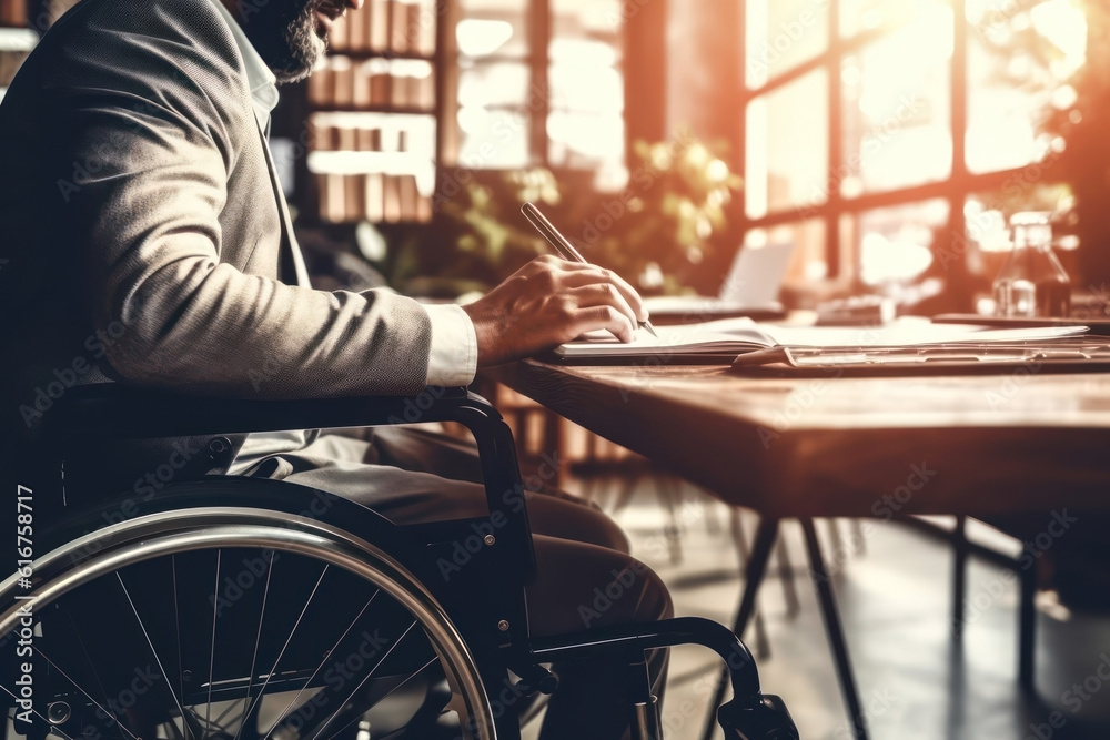 Cropped image of young man in wheelchair working on laptop in office. Generative AI.