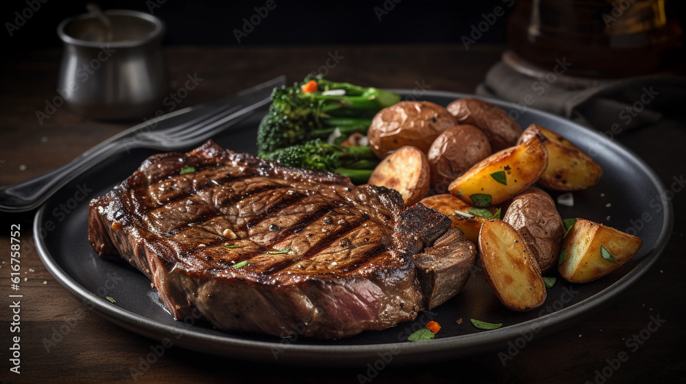 A plate of tender and juicy grilled steak with a side of roasted potatoes and sautéed vegetables