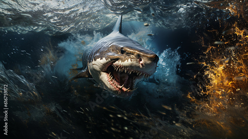Close up image of an attacking shark.