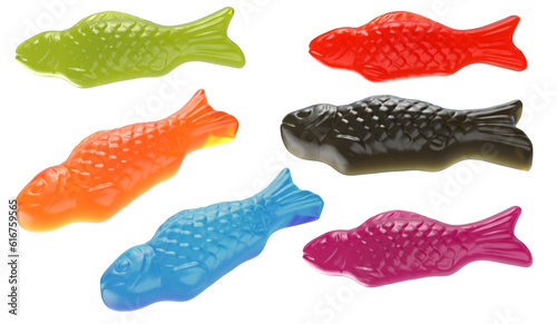 Isolated red fish shaped gummy jelly candy. Isolated on background. 3d illustration. Design elemenet. clipping path.