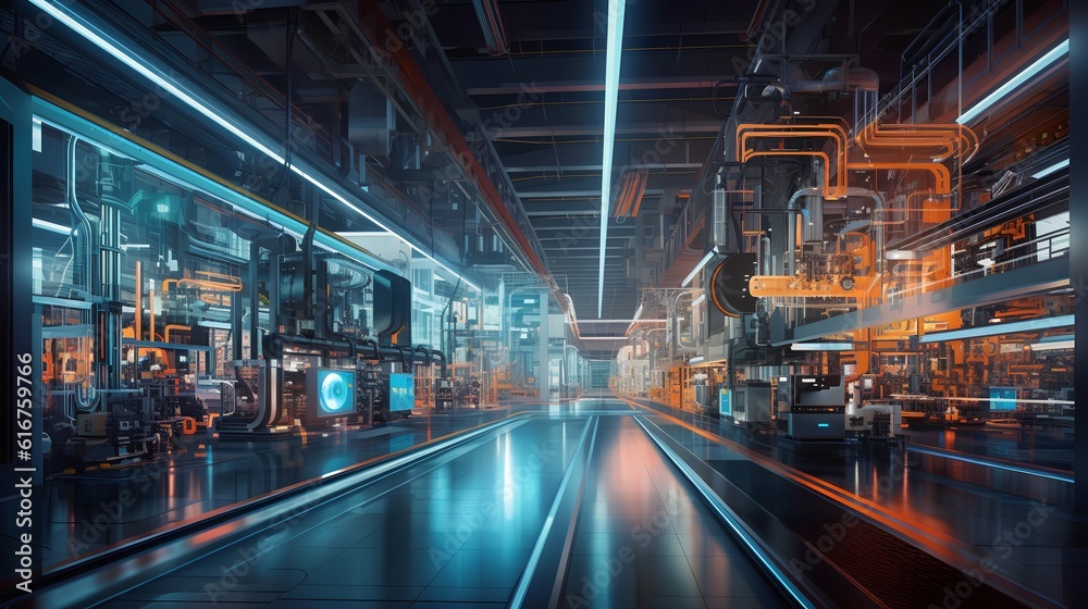 A futuristic image illustrating the concept of a smart factory. Advanced technology like AI, IoT and robotics in manufacturing processes for greater efficiency and productivity. Generative AI