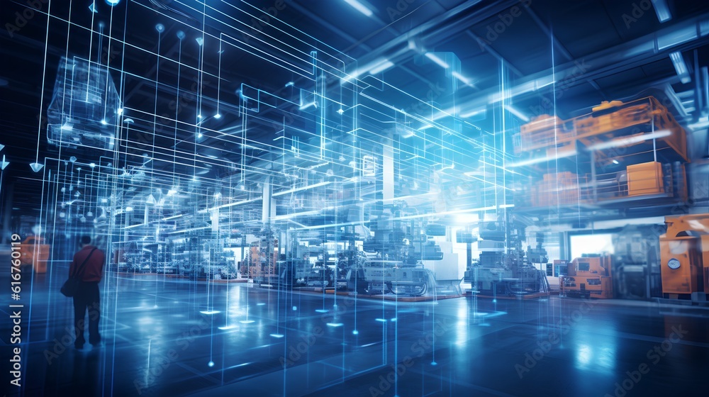 A futuristic image illustrating the concept of a smart factory. Advanced technology like AI, IoT and robotics in manufacturing processes for greater efficiency and productivity. Generative AI A futuristic image illustrating the concept of a smart factory. Advanced technology like AI, IoT and robotics in manufacturing processes for greater efficiency and productivity. Generative AI