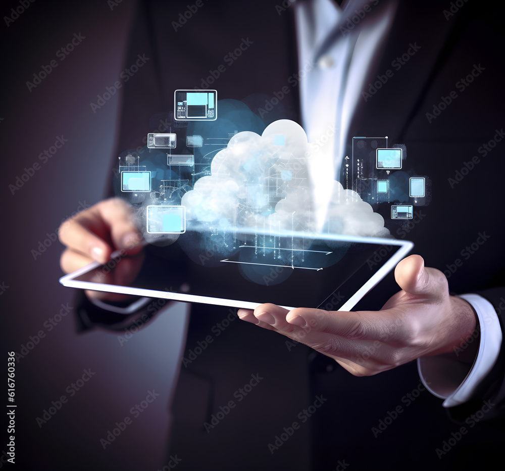 Fototapeta premium Cloud data storage, cloud computing and data transfer concept. AI generated