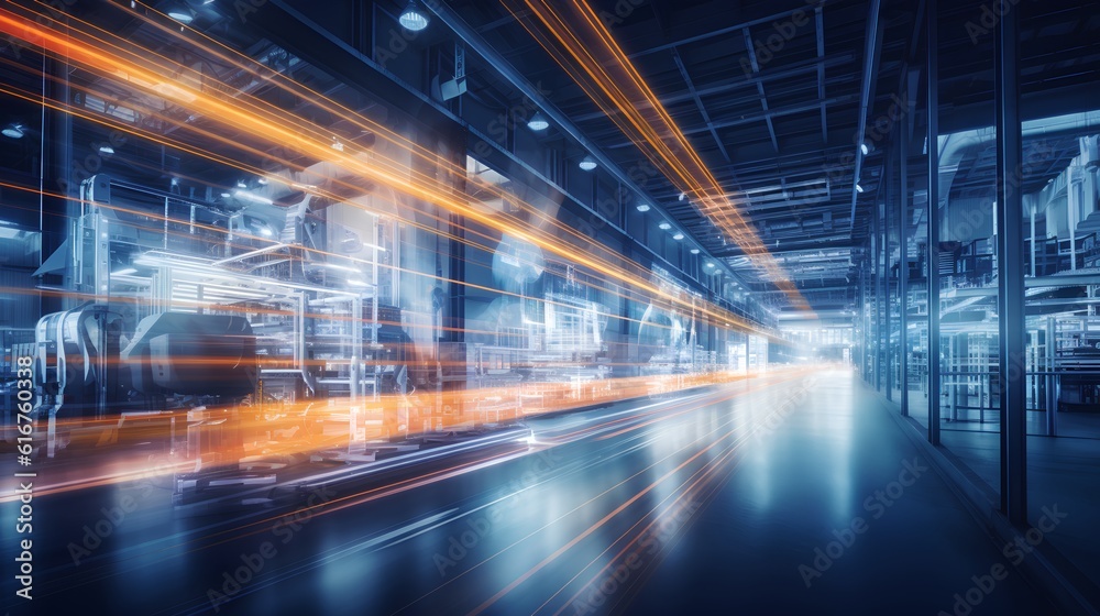 A futuristic image illustrating the concept of a smart factory. Advanced technology like AI, IoT and robotics in manufacturing processes for greater efficiency and productivity. Generative AI A futuristic image illustrating the concept of a smart factory. Advanced technology like AI, IoT and robotics in manufacturing processes for greater efficiency and productivity. Generative AI