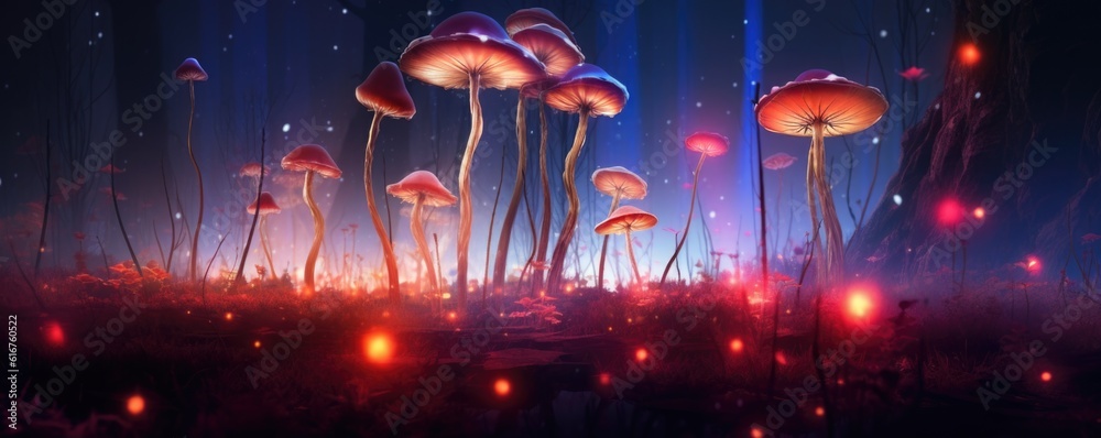 Neon Dreamlike Macro Photo of Psilocybin Magic Mushrooms in a Dark Forest