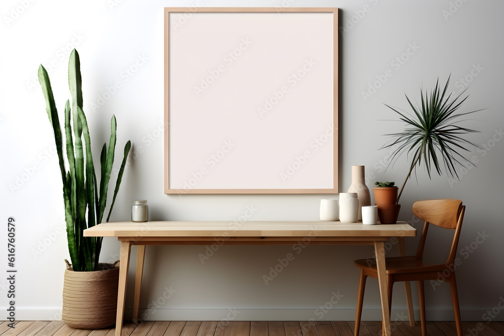 Empty wooden picture frame mockup hanging on pastel wall. Boho-shaped vases with dried flowers and house plants on table. Working space, home office. Modern interior. Generative AI technology Empty wooden picture frame mockup hanging on pastel wall. Boho-shaped vases with dried flowers and house plants on table. Working space, home office. Modern interior. Generative AI technology