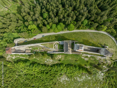 Aerial top down ground plan view of Kasperk Hrad or Karlsberg castle in Czechia.  The central part of the castle consists of two residential towers and an oblong palace which was built between them photo