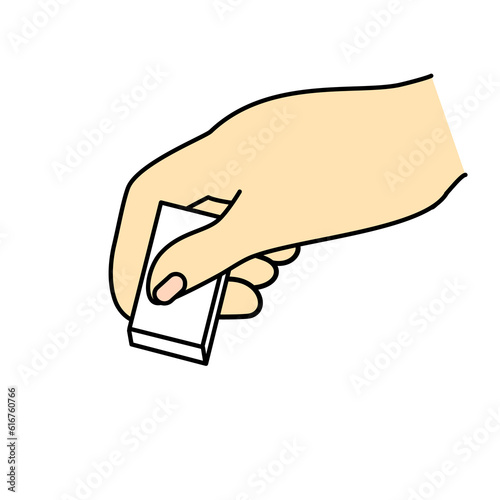 close up hand using white rubber eraser - vector illustration cartoon hand drawn with black lines, isolated on white background.