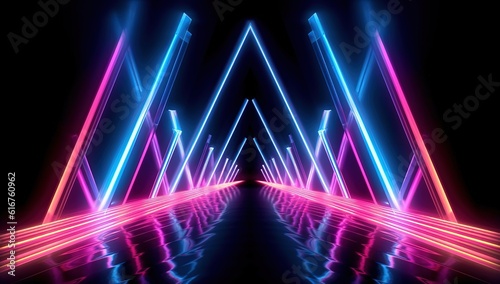 Neon light beams in shape bridge at night purple and azure high double lines with reflection vivid stage background futuristic illustration Generative AI