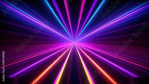 Colorful glow light neon lines, lights turning into rays futuristic dynamic motion technology high speed light trails on dark background illustration Generative AI