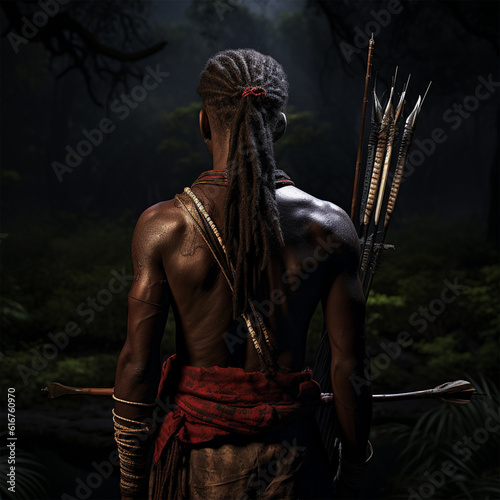 A Khoisan bushman from the back with bow at nigh photo