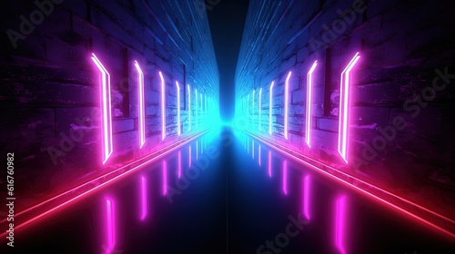 Neon lines pink blue glowing in ultraviolet spectrum on dark background with reflection on floor 3D render, abstract background cyberspace laser show futuristic wallpaper illustration