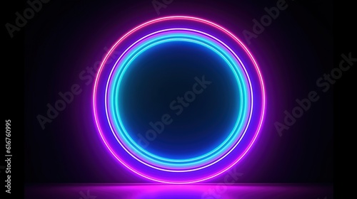 Neon glow circle on the wall with reflection on floor, blue pink neon glowing lighting round frame on dark background abstract cosmic bright color circle uv light design illustration