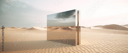 Large rectangular mirror on sand desert reflection futuristic landscape geometric surrealism photorealistic scenes orientalist landscapes abstract surreal concept 3D Illustration