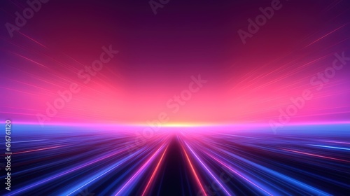 Purple night sky and road with blue pink neon lines stage designs, perspective glowing rays dynamic background, illustration poster Generative AI