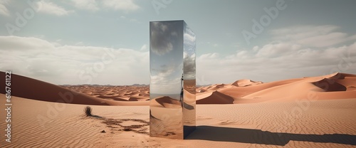 Large mirror at sand desert photorealistic scenes orientalist landscapes geometric surrealism abstract surreal concept 3D Illustration
