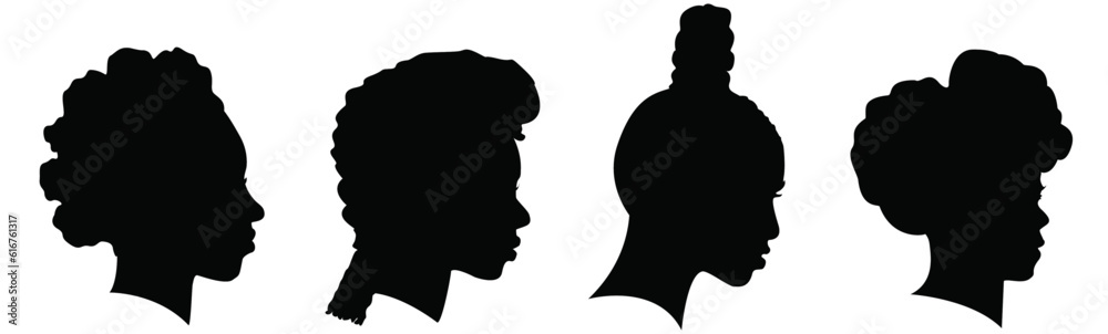 Title: Silhouettes of African American women part 4, profile with hair style contour on white background. Vector illustration.