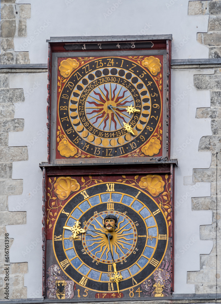 Large decorative colorful astronomical clock with sun motives in Gorlitz Germany