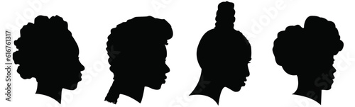 Title: Silhouettes of African American women part 4, profile with hair style contour on white background. Vector illustration. photo