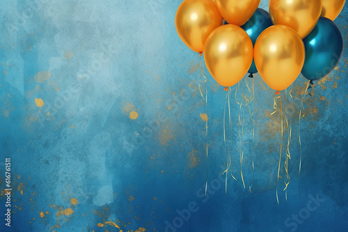 Print op canvas Holiday background with golden and blue metallic balloons, confetti and ribbons
