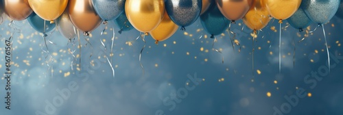 Holiday background with golden and blue metallic balloons, confetti and ribbons. Festive card for birthday party, anniversary, new year, christmas or other events. Created with generative Ai
