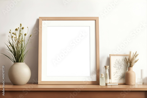 Wooden picture frame and botanical accents on shelf against white wall perfect for interior frame mockup