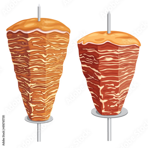 Doner kebab. Shawarma consisting of meat cut into thin slices, stacked in a cone-like shape, and roasted on a slowly-turning vertical rotisserie or spit. on white background. Vector illustration.