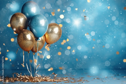 Holiday background with golden and blue metallic balloons, confetti and ribbons. Festive card for birthday party, anniversary, new year, christmas or other events. Created with generative Ai photo