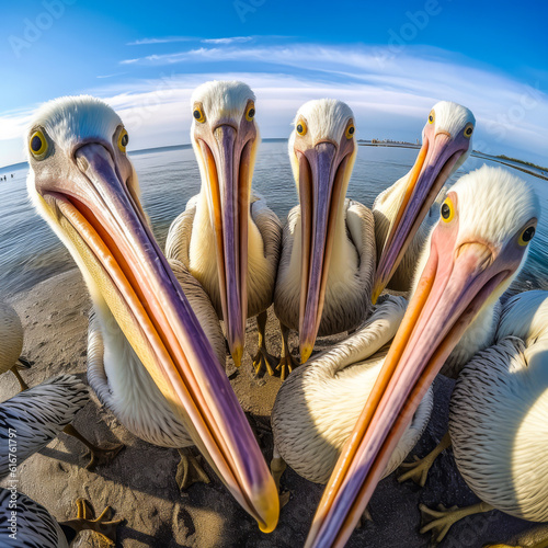 Captivating pelican selfie from above, showcasing amusing expressions for a hilarious and fun group moment, evoking laughter and joy. Perfect for lighthearted content. Generative AI