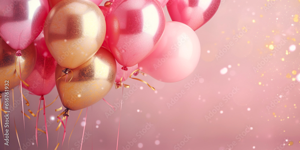 Shiny pink and golden glitter balloons on light pink soft pastel background. Card for christmas, wedding, birthday, woman's day, mothers day, valentine's day. Created with generative Ai