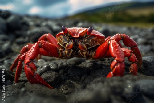 Crab on sandy beach in close up in sunny hot day