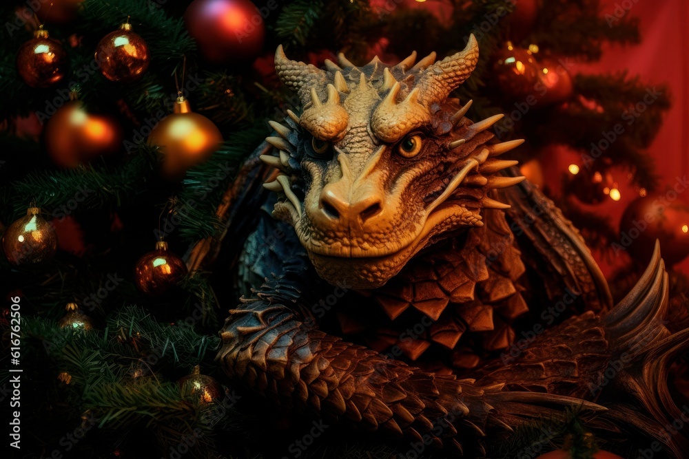 fairy dragon on a festive background with Christmas tree. Greeting card. Chinese new year. The year of dragon. Chinese culture and traditions. New year 2024. Merry Christmas. Calendar fairy dragon on a festive background with Christmas tree. Greeting card. Chinese new year. The year of dragon. Chinese culture and traditions. New year 2024. Merry Christmas. Calendar