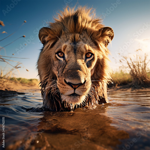 Male lion drinks at a waterhole Generative AI artwork 