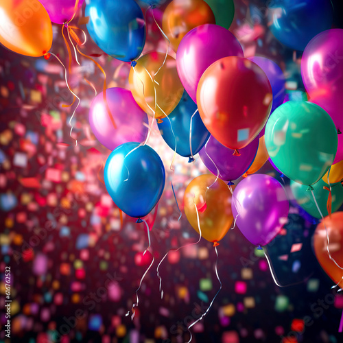 Birthday card with multicolored vibrant balloons. Confetti, curling streamers or party serpentine for children holidays decorations. Created with generative Ai