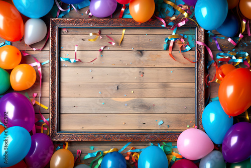 Wooden frame among colorful carnival or party balloons, streamers and confetti on rustic grunge wood planks with copy space. Created with generative Ai