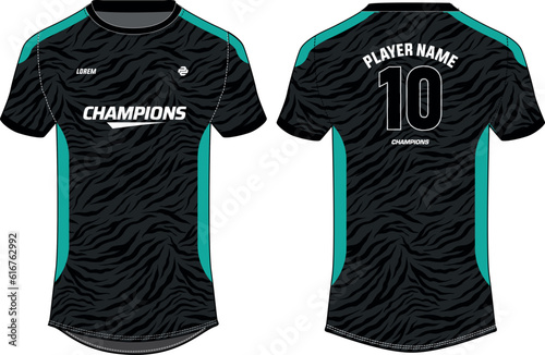 Sports jersey t shirt design flat sketch illustration, Tiger skin printed Round neck football jersey concept with front and back view for Cricket, soccer, Volleyball and badminton uniform kit