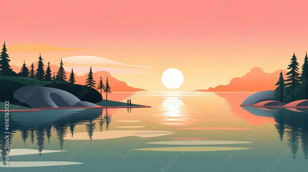 The sunset over still water displays beautiful colors. (Illustration, Generative AI)