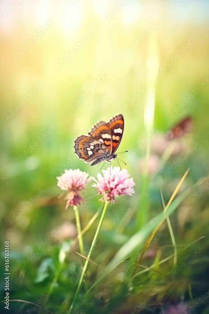 The meadow features clover, butterfly, wild flowers, and sun rays. (Illustration, Generative AI) The meadow features clover, butterfly, wild flowers, and sun rays. (Illustration, Generative AI)