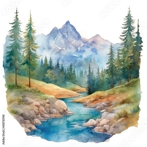 A beautiful watercolor landscape with mountains  forest and river.  Illustration  Generative AI 