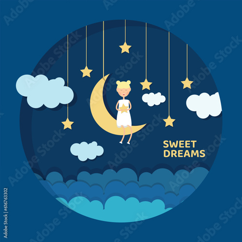 Night starry sky. A cute girl sits on the moon with a star in her hands. Vector card for wishing good night, sweet dreams