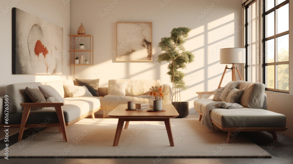 Stylish Living Room Interior with an Abstract Frame Poster, Modern interior design, 3D render, 3D illustration Stylish Living Room Interior with an Abstract Frame Poster, Modern interior design, 3D render, 3D illustration