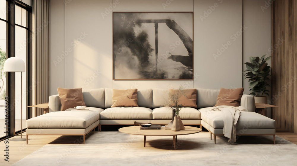 Fototapeta premium Stylish Living Room Interior with an Abstract Frame Poster, Modern interior design, 3D render, 3D illustration