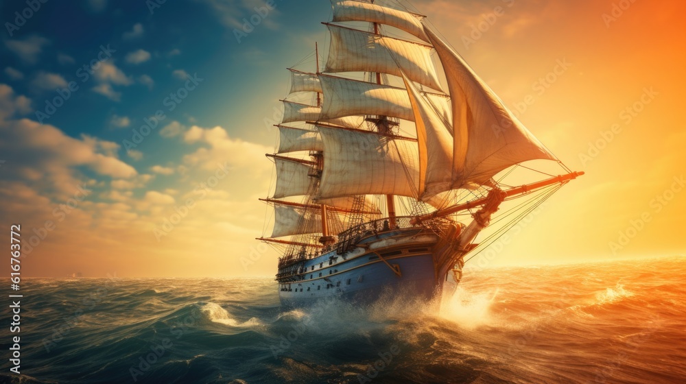 Majestic Old-Time Sailing Ship on the Open Sea