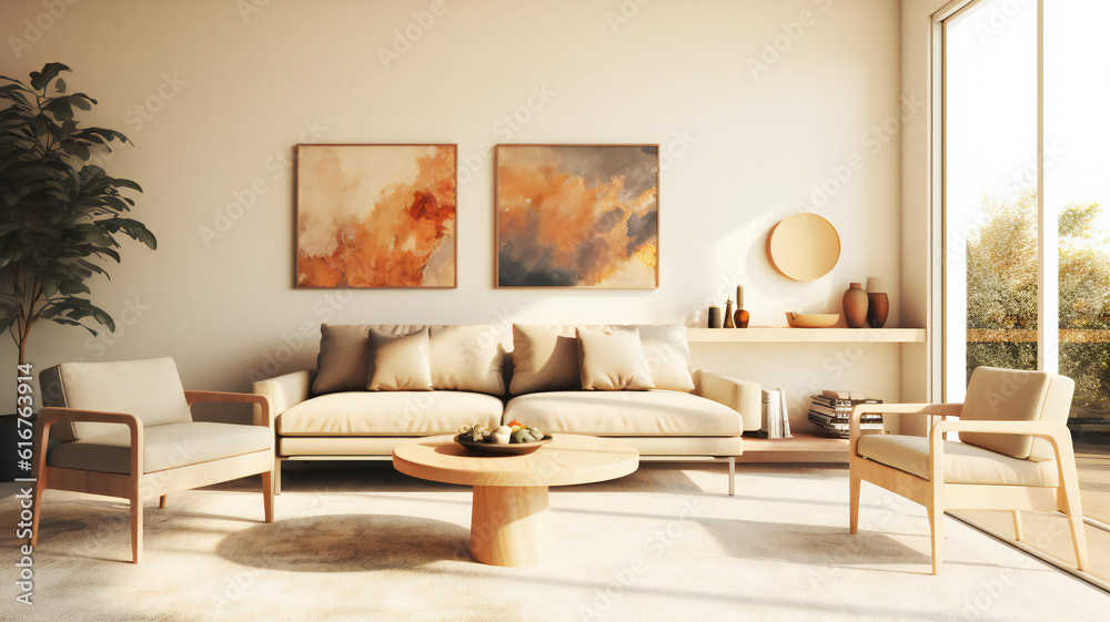 Stylish Living Room Interior with an Abstract Frame Poster, Modern interior design, 3D render, 3D illustration Stylish Living Room Interior with an Abstract Frame Poster, Modern interior design, 3D render, 3D illustration